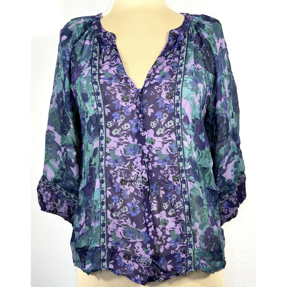 Joie Silk Blouse Womens Small Purple Floral Boho Peasant Top 3/4 Sleeve V Neck